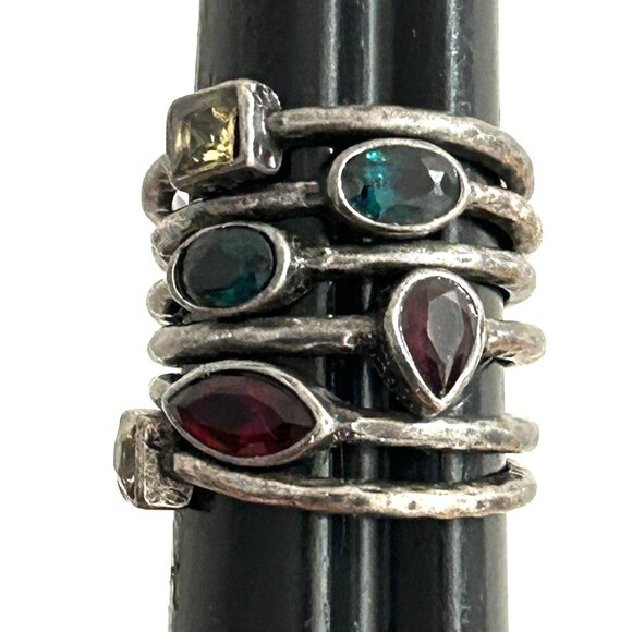 Bundle Lot of 6 Hammered Stacking Silver Gun Metal Crystal Colorful Stone Rings - Picture 6 of 9